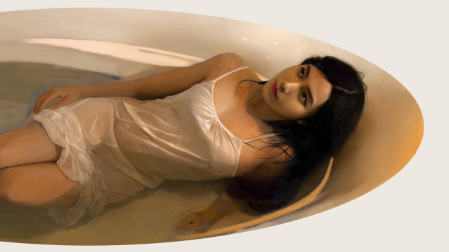 Обои картинки фото рисованное, люди, lin, xiangxiang, lu, ванна, арт, купание, отдых, настроение, девушка