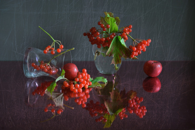 Обои картинки фото еда, калина, натюрморт, ягоды, отражение, стекло, осень, композиция