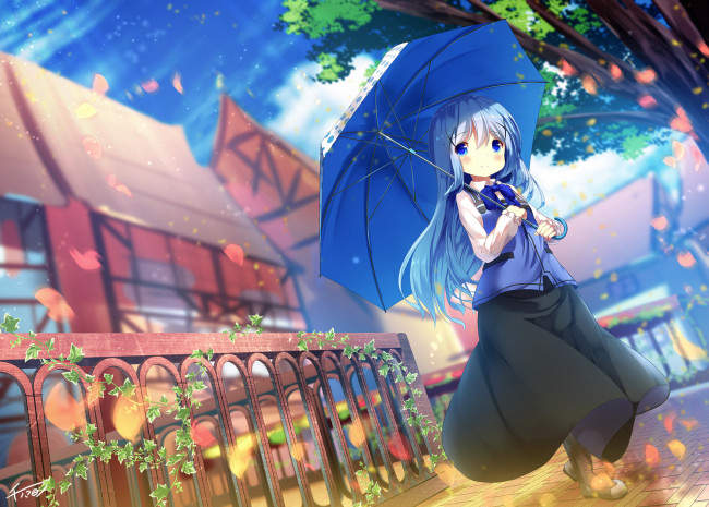 Обои картинки фото аниме, gochuumon wa usagi desu ka, зонтик, девочка