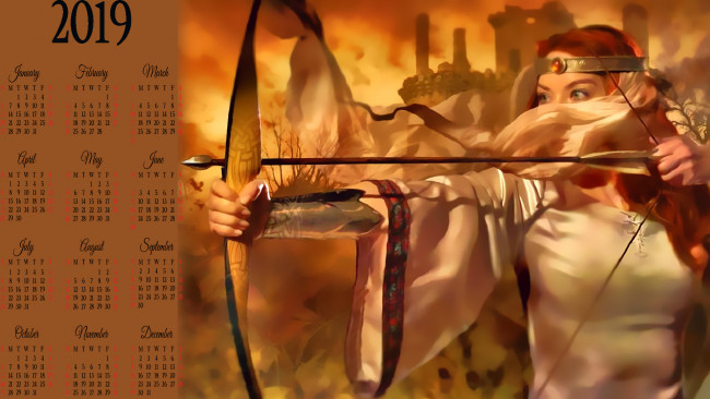 Обои картинки фото календари, фэнтези, 2019, calendar, стрела, лук, оружие, девушка