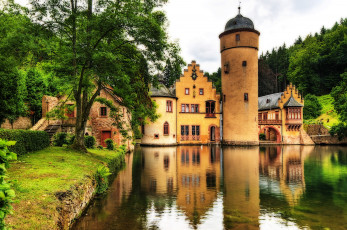 обоя замок, меспельбрунн, германия, города, дворцы, замки, крепости, озеро, башня, деревья, каменный