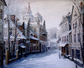 Картинка рисованные александр стародубов деревья фонарь дома дорога снег город зима