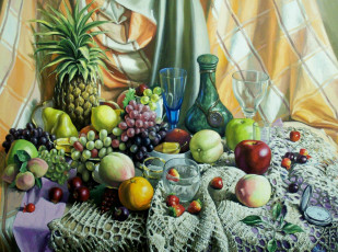 Картинка рисованные живопись яблоки виноград клубника лимон