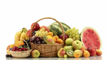 обоя fruit, еда, фрукты, ягоды, арбуз, груши, яблоки, киви, бананы, персики, виноград