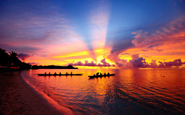 обоя beautiful, sunset, природа, восходы, закаты, тропики, лодки, пляж, океан, закат