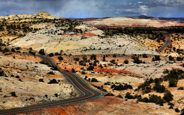 обоя desert, highway, природа, дороги, дорога, кустарник, холмы, пустыня