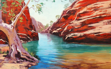 Картинка рисованные живопись река дерево канйон
