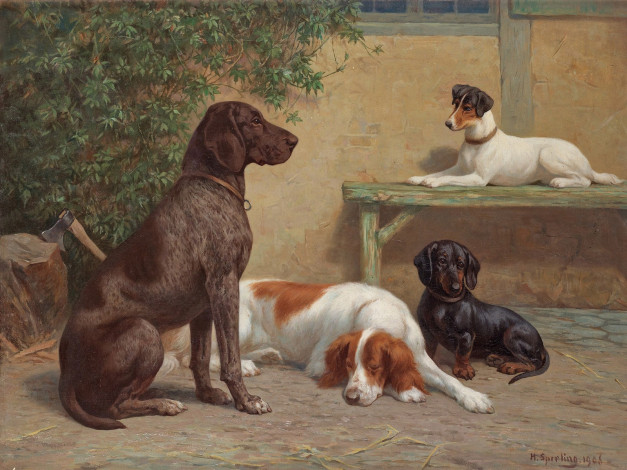 Обои картинки фото рисованные, heinrich, sperling, собаки, во, дворе