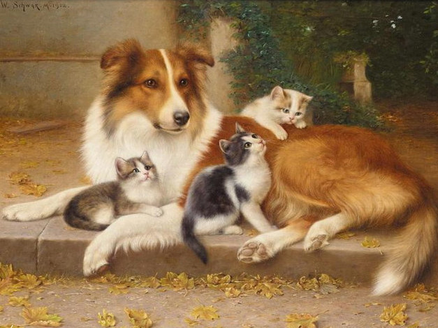 Обои картинки фото рисованные, willhelm, schwar, собака, и, котята