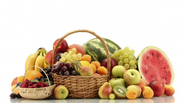 Обои картинки фото fruit, еда, фрукты, ягоды, арбуз, груши, яблоки, киви, бананы, персики, виноград