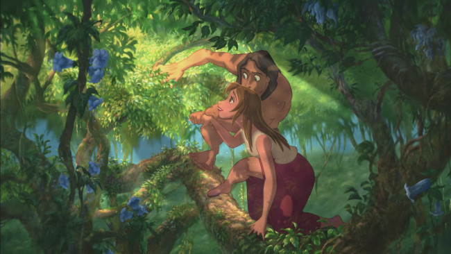 Обои картинки фото тарзан, мультфильмы, tarzan, джунгли, цветы, девушка, деревья