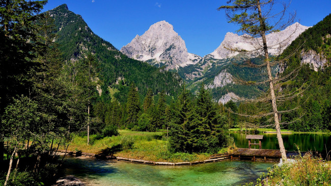 Обои картинки фото hinterstoder, austria, природа, пейзажи, горы, лес, ели, озеро, плотина, австрия