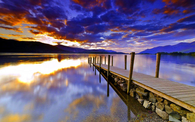 Обои картинки фото lake, pier, природа, реки, озера, тучи, мостик, озеро