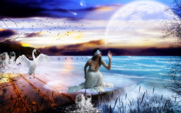Картинка 3д графика fantasy фантазия девушка помост океан планета тучи лебедь