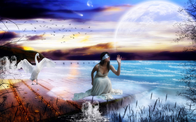Обои картинки фото 3д, графика, fantasy, фантазия, девушка, помост, океан, планета, тучи, лебедь