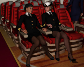 Картинка stewardesses 3д+графика фантазия+ fantasy девушки салон кресла взгляд беседа