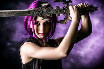 Картинка фэнтези фотоарт фон оружие пирсинг взгляд макияж меч яркие волосы девушка