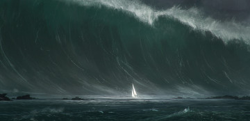 Картинка фэнтези корабли риф парусник яхта вал девятый шторм море