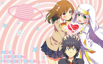 Картинка аниме toaru+majutsu+no+index брюнет парень звёзды планета девушки фон узор сердце