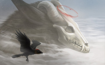 Картинка фэнтези нежить рога полет небо череп птица ворон арт фантастика