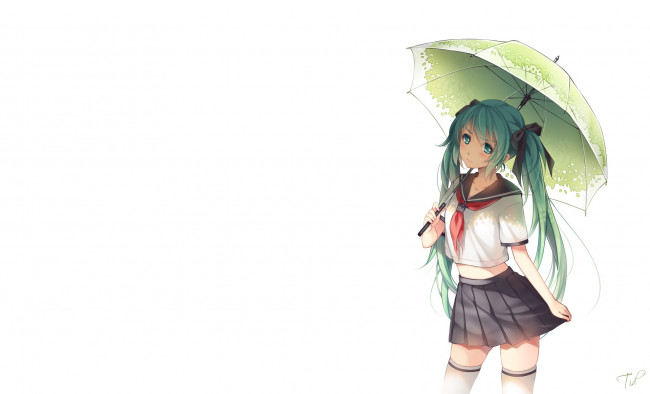Обои картинки фото аниме, vocaloid, hatsune, miku, девушка, вокалоид, tidsean, форма, школьница, зонт, бант