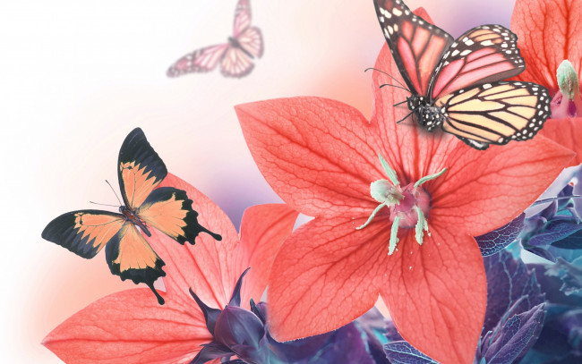 Обои картинки фото разное, компьютерный дизайн, листья, лепестки, колокольчик, бабочки, цветение