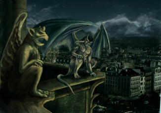 Картинка фэнтези демоны город крылья статуя горгулья демон