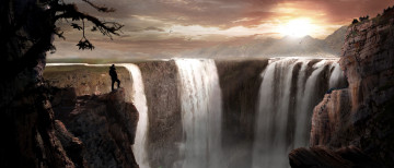 Картинка рисованное природа пейзаж горы закат пропасть человек водопады