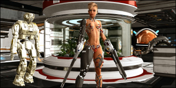 Картинка 3д+графика фантазия+ fantasy взгляд девушка робот оружие фон