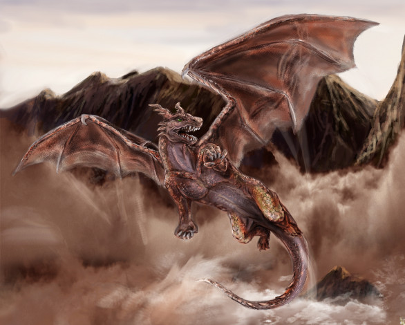 Обои картинки фото фэнтези, драконы, чудовище, дракон, крылья, горы, хвост