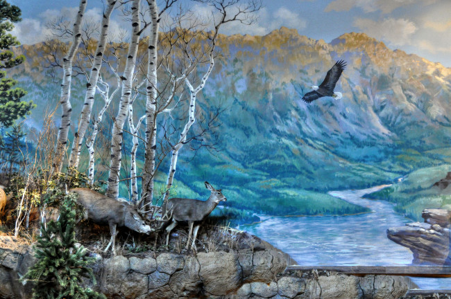 Обои картинки фото рисованное, животные, птица, река, олень, горы, природа, пейзаж