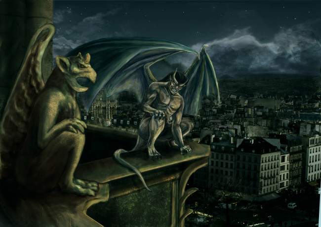 Обои картинки фото фэнтези, демоны, город, крылья, статуя, горгулья, демон
