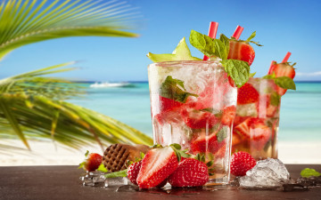 обоя еда, напитки,  коктейль, клубника, fresh, tropical, drink, коктейль, пляж, море, mojito, paradise, sea, beach, summer, strawberry, cocktail, мохито