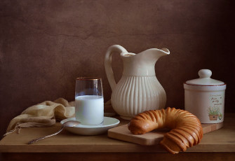 Картинка рисованное еда кувшин завтрак молоко натюрморт посуда рогалик хлеб