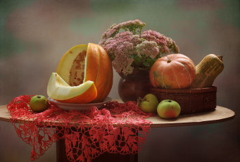 обоя рисованное, еда, осень, тыква, очиток, яблоки, натюрморт, дыня, цветы, сентябрь