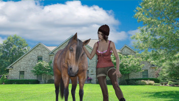 Картинка 3д+графика люди+и+животные+ people+and+animals лошадь взгляд фон девушка