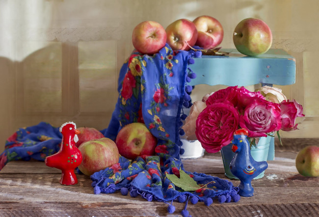 Обои картинки фото рисованное, еда, яблоки, платок, композиция