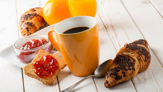 Обои картинки фото еда, разное, апельсин, круассан, кофе, джем, завтрак