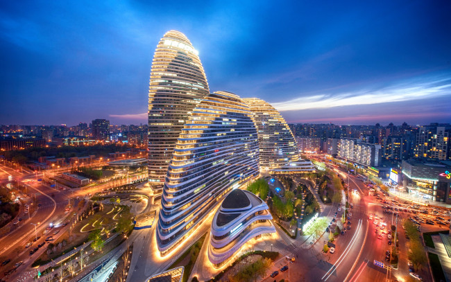 Обои картинки фото пекин, китай, города, пекин , ночные, пейзажи, 4k, город, wangjing, soho, современные, здания, азия