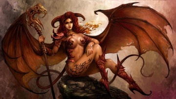 Картинка фэнтези демоны посох хвост крылья камень девушка рога демон