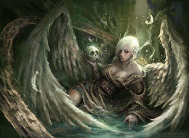 Обои картинки фото фэнтези, ангелы, череп, крылья, фон, девушка