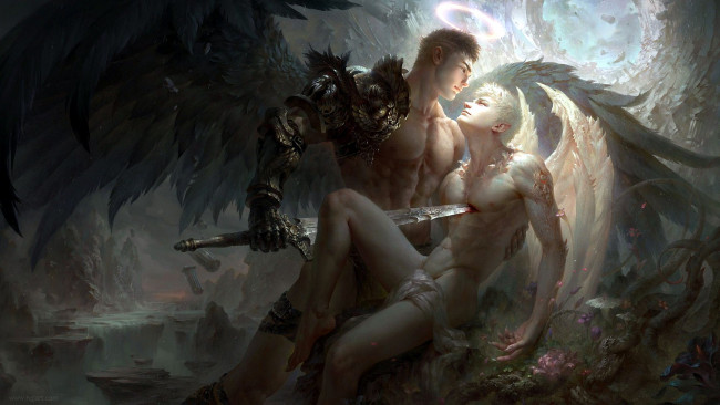 Обои картинки фото фэнтези, ангелы, крылья, убийство, меч, парни