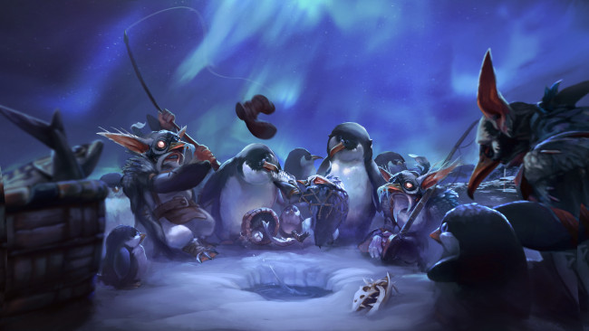 Обои картинки фото видео игры, dota 2, существа, пингвины, рыбалка, фон