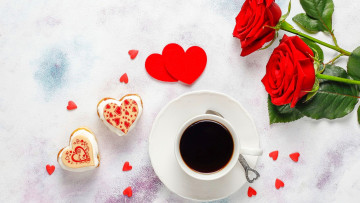 Картинка праздничные день+святого+валентина +сердечки +любовь розы кофе пирожные сердечки