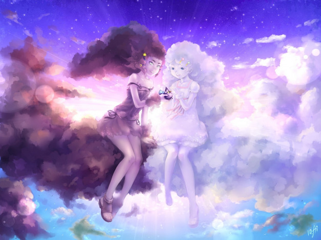 Обои картинки фото аниме, девушки, небо, облака, существа, мистика, птица, солнце, вода