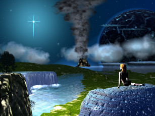 Картинка 3д графика fantasy фантазия звезда водопад девушка