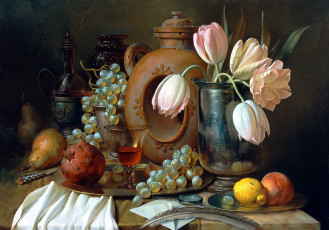 Картинка алексей антонов рисованные ваза перо виноград тюльпаны лимон бокал груша гранат натюрморт