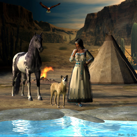 Обои картинки фото 3д, графика, people, люди, конь, вечер, кактус, собака, вода