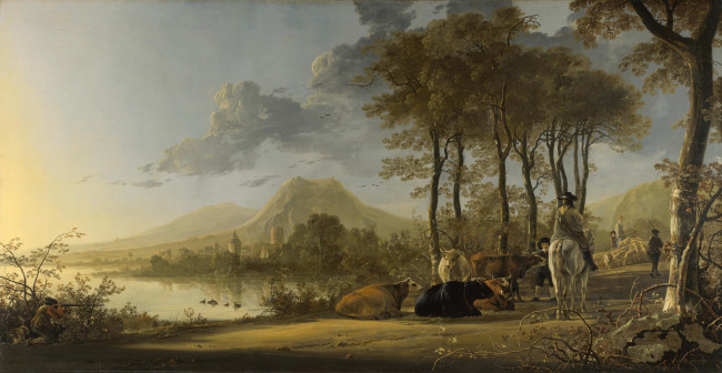 Обои картинки фото aelbert, cuyp, river, landscape, with, horseman, and, peasants, рисованные, озеро, деревья, охотник, алберт, кейп, пастух, коровы, пейзаж