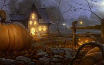 Картинка праздничные хэллоуин дом забор ночь тыква